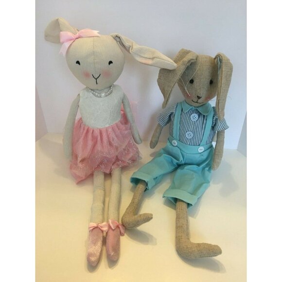 Farmhouse Easter Bunny Shelf Sitters Linen Rabbit Couple Spring Mantel Decor - Picture 11 of 11